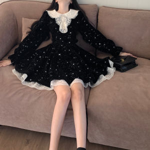 Plus Size Plus Size Ladies Sweet Retro Peter Pan Collar Lace Patchwork Thin and Glittering Velvet Dress Female Fall and Winter Princess Pettiskirt