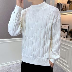 ROMON | Lomond Mens Half High Collar Sweater Autumn Winter Loose Thickened Knitted Shirt Fashion Casual Style Warm White Floral Pattern