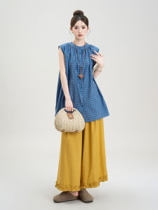 Nurture One | Bộ Áo Blouse Không Tay Họa Tiết Carô Vintage cho Đầu Mùa Hè