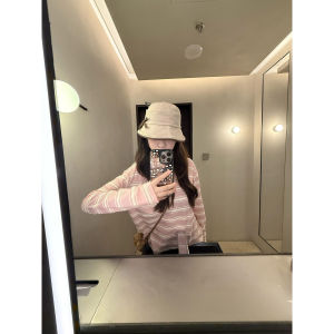 Pink Striped Long Sleeve Loose Casual Womens T-shirt Korean Sweet Spicy Style Hollow out Design Early Autumn Trendy Top