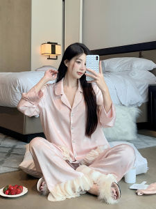 Bộ Đồ Ngủ Lụa Băng Tay Dài Phong Cách Pháp Mùa Xuân 2025 Cho Nữ Bộ Đồ Ngủ Ren Bướm Màu Hồng Bộ Đồ Ngủ Mùa Xuân Thu