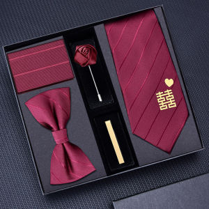 Wedding Groom Black Red Tie Bow Tie Pocket Square Tie Clip Set Men Zipper No Tie Bow Tie Fashion Business Style Polyester