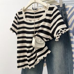AIYITI | Big Size Stripe and Wooden Ear Design Short Sleeve T-shirt Slimming Ice Silk Knit Top