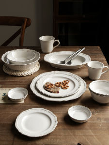 ชุดจานเซรามิกฝรั่งเศสย้อนยุค จานสเต็ก จานตักซุป ชาม ชุดเครื่องครัวสำหรับใช้ในบ้าน ลายดอกไม้ ลายดอกไม้ ลายดอกไม้