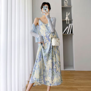 Pregnant Women Suit Thin Summer Clothing Chiffon Floral Strap Dress Youthful-Looking Dress + Sun Protection Shirt Tops Two-piece Set