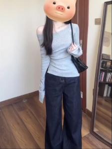 เสื้อถักแขนยาวสีเทา สำหรับผู้หญิง เสื้อเชิ้ตแขนยาวสไตล์ใหม่ ทรงสลิมฟิต เสื้อผ้าทำงาน ฤดูใบไม้ร่วง 2024