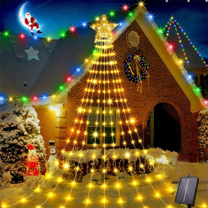Christmas Decor LED Five Pointed Star Waterfall Light 8 Modes String Hanging Curtain Outdoor Garden Solar Light