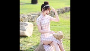 Suzhou Vintage Plaid Cotton Pink Maxi Cheongsam 1054-22