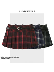 กระโปรงสั้นทรงเอเอวต่ำสีแดงลายสก็อตสไตล์อเมริกันย้อนยุคสำหรับผู้หญิง ฤดูใบไม้ร่วง/ฤดูหนาว JK วินเทจ กระโปรงสั้นทรงเอ