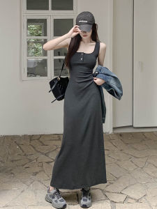 French Coastal Vacation Style Square Collar Long Dress Womens Slim Fit Grey High End Feeling Strap Vest Dress Street Fashion