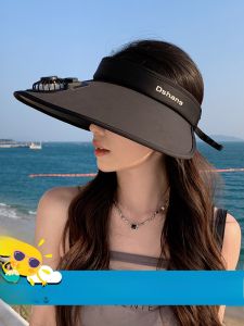 Womens Summer UPF50+ UV Protection Hat with Electric Fan Empty Top Wide Brim Sunshade Casual Style Outdoor Travel Cap