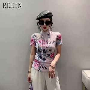 REHIN Vintage-inspired Women's Short Sleeve T-shirt with Chinese-style Buckle Stand-collar Ink Painting Print & Skin-friendly Comfortable Fit S-3XL Top