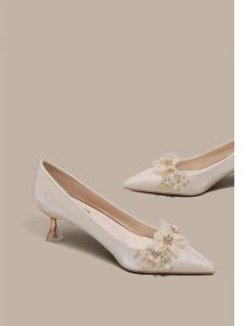 Flower Bride Xiuhe Wedding Dress Dual-Use Wedding Shoes Womens Not Tired Feet French Style Beautiful Satin High Heels Daily Wearable