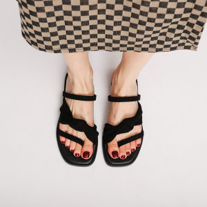 Black Genuine Leather Hepburn Sandals Womens Summer New High Heel Buckle Flat Beach Slippers Outdoor Wear Casual Low Help