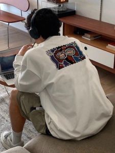 American Anime Print Heavy Weight Pure Cotton T-Shirt Male Long Sleeves Ins Trendy Easiest for Match Loose Autumn Undershirt Tops Tide