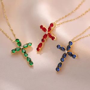 Red Blue Green Crystal Water Drop Stone Cross Pendant Necklaces For Women Vintage Gold Color Stainless Steel Chain Jewelry Gifts