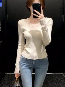 Lace Trimmed V-Neck Knit Sweater for Women