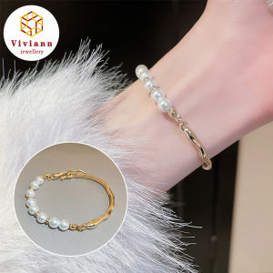 Viviann Original Design Gold Silver Pearl Bracelet For Women Cuff Bracelets Anniversary Jewelry Korean Luxury Crystal Bracelet For Women Wedding Gift Gold Silver Metal Roman Chain Bracelets Bangles