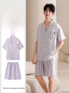 MiiOW | Áo ngủ nam Ice Silk mùa hè thoáng khí tay ngắn quần ngắn đơn giản cao cấp mặc ở nhà có thể mặc ngoài trời chất liệu polyester