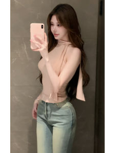 YUEZHONGWEI | High Neck Lace-up Pink Slim Fit Alluring Style Top