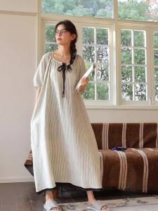 Ins Hot Pajamas Princess Style Slimming Striped Nightgown with Bra Padded for Women Summer Casual Loose Fit with Pockets Long Nightdress Plus Size Home Wear That Can Be Worn Outside