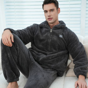 Miiow | Mens Sleepwear Thickened Flannel Coral Fleece Lined Pajamas Set Warm Home Clothes Long Sleeve Zipper Closure Solid Color Polyester Fiber