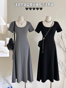 Grey French Elegant T-Shirt Dress Womens Summer Slim Fit A-Line Wrap Waist Slimming Over-Knee Long Skirt Soft Cotton Blend