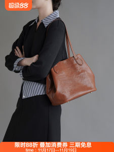 Fanhua Leather Goods Female Tote Bag Vintage Style Large Capacity Commuter Bucket Bag Top Layer Cowhide Vegetable Tanned Genuine Leather