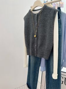 Grey round Neck Knitted Sweater Vest Womens Open Cardigan Autumn Winter Slimming Versatile Layering Shoulder Open Backless Top