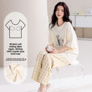 Bộ đồ ngủ MiiOW cho nữ vải cotton mỏng nhẹ thoáng khí cổ tròn in hoa