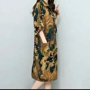 Muslim Womens Clothing Plus size Casual Womens Fashion Print Retro Loose Mid-length Shirt Dress 6021
