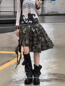 Váy Denim Mini Lưng Cao Cạp Cao Không Đều American Bé Gái Design Sensation Camouflage Váy Denim Mùa Hè Mới Rộng Rãi