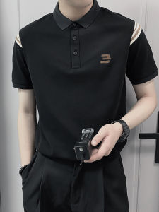 Ice Silk Short Sleeve Polo Shirt Mens Summer Trendy Splice Handsome Top New 2025 Standard Fit Youth Popular Polyester Fiber