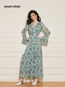 Floral Printed French Style Long Dress