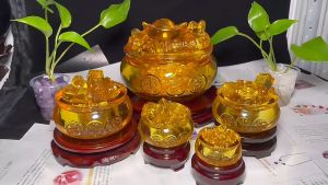 琉璃聚宝盆 送招财元宝 水晶招财缸 聚财家居摆件 百福缸 黄水晶元宝 旺风水 五帝钱 转运 聚财 纳福 办公室摆件 开业礼品 Feng Shui Crystal Treasure Bowl Cornucopia Home Decoration