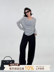Loose Long Sleeve round Neck Knitted T-Shirt Womens Grey Semi-Transparent Breathable Korean Style Lazy Top Summer Thin