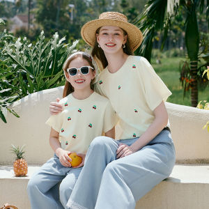 XIANGYING | Matching Mother-Daughter T-Shirt Short Sleeve New Summer Round Neck Loose Cherry Embroidery Top