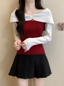 เสื้อสเวตเตอร์ถักสีแดงวันคริสต์มาสสำหรับผู้หญิง เสื้อสั้นเข้ารูปเอวเข้ารูป เสื้อชั้นในสองชิ้นเทียม ดีไซน์เก๋ไก๋ สไตล์เกาหลี