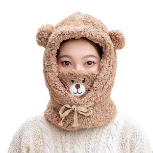 Winter Cartoon Bear Ear Hat With Mask Scarf Kawaii Bear EarProtection Skullies Beanies for Women