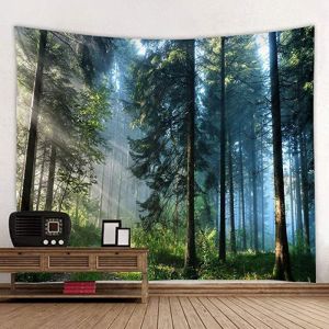 VIKAMA Morning Light Mist Pine Forest Tapestry Primitive Forest Photography Wall Hanging for Bedroom Living Room Decor