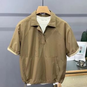 Loose Fit Mens Short Sleeve Shirt Half Zipper Retro Collar T-Shirt Casual Summer Fashion Hong Kong Style Vintage Polo Shirt