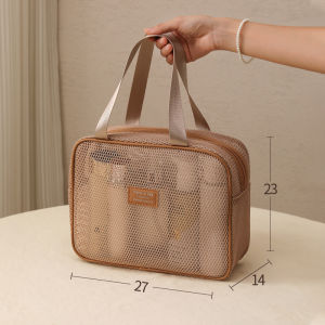 Womens Portable Large Capacity Cosmetic Bag Mesh Travel Storage Pouch Handheld Makeup Organizer Nylon Material Letter Pattern