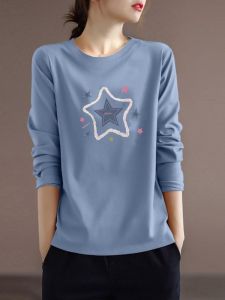 Áo Thun Cotton Nguyên Chất Dài Tay Mùa Xuân Thu Mỏng Đa Năng in Họa Tiết Cổ Tròn Thường Ngày Cho Nữ