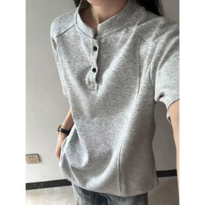 Black Henry Collar Short Sleeve Mens T-Shirt Cleanfit Heavyweight Structured Boxy American Style Half Sleeve Cotton Polyester