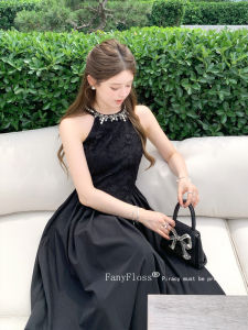 FanyFloss Black Pearl Embedded Diamond Necklace Design Slimming Long Dress Elegant Princess Style Summer Season A-Line Skirt