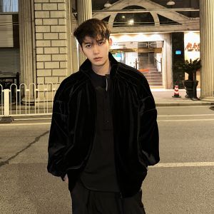 Linyiluck Mens Vintage Heavyweight Velvet Jacket Casual Loose Fit Trendy Zipper Decorated Long Sleeve Shirt for Spring Autumn