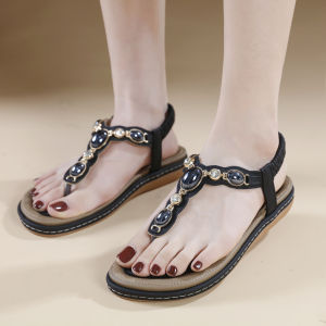 36-42 Flat Sandals Womens Shoes with Beading Rubber Sole Toe Clip Office Lady Daily Wear Big Beaded Korean Shoes Casual Beach Shoe
