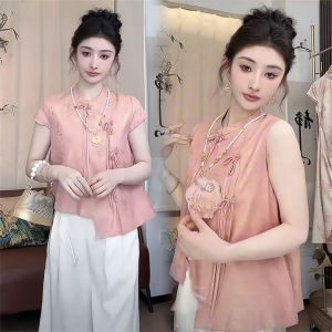 Elegant Vintage Button-Up Collar Sleeveless Set Summer 2025 New Chinese Style Wide Leg Pants Two-Piece Set Polyester Fiber
