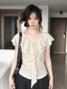 DUOFEIYAN | Unique Design Pretty French Ruffled V-Neck T-Shirt Slimming Waist