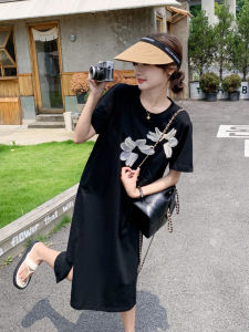 Loose Comfortable Black Sweatshirt Dress Womens Summer New Style Gentle Wind Midi Dress Korean Version H-Line round Neck Short Sleeve